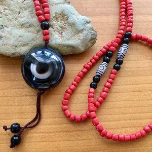 Eye Stone Pendant with Coral, Onyx, and Glass Bead Necklace